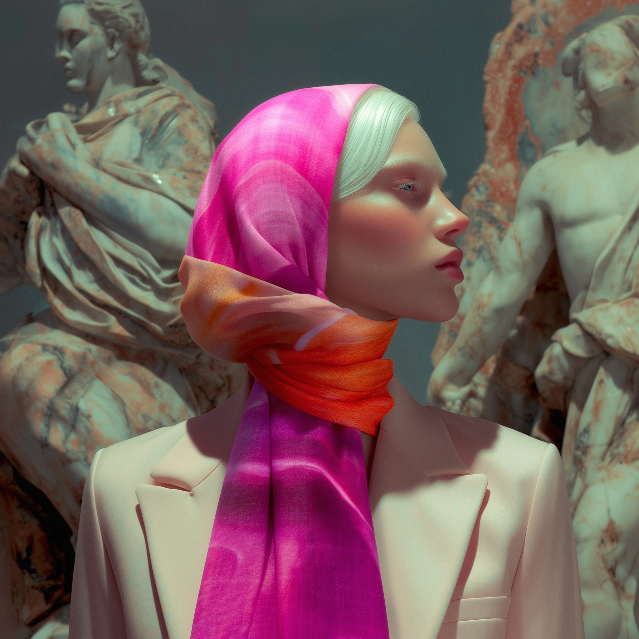 Modella con foulard fucsia ed arancione in tailleur pesca con statue di marmo sullo sfondo
