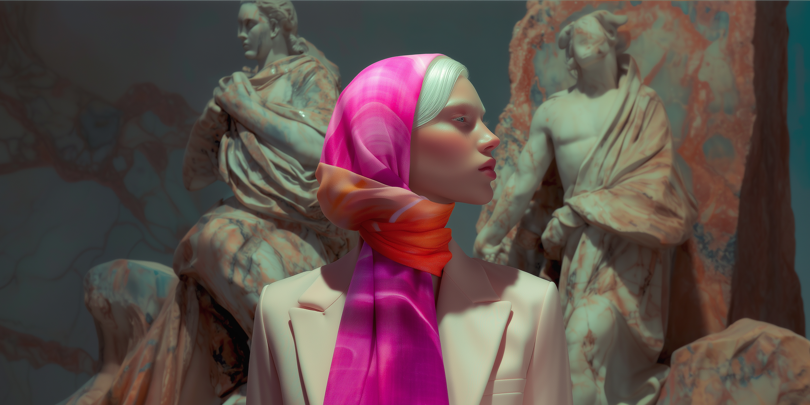 Modella con foulard fucsia ed arancione in tailleur pesca con statue di marmo sullo sfondo