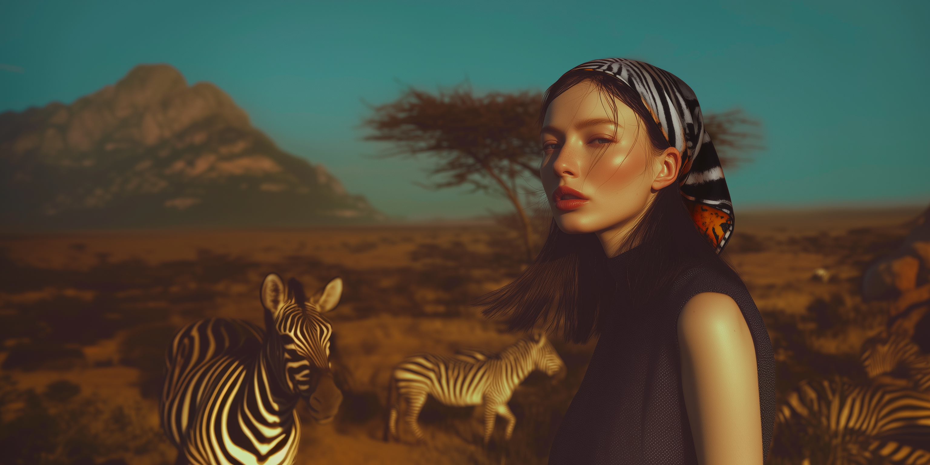 Modella nella savana con zebre sullo sfondo